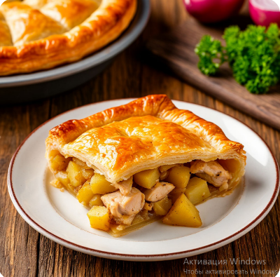 Пирог слоёный с курицей и картофелем