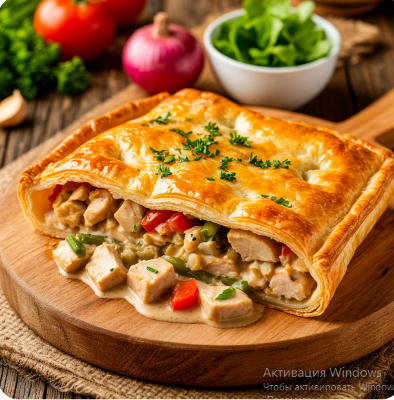 Пирог слоёно-дрожжевой с курицей и овощами в сливочном соусе