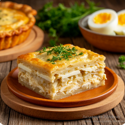 Пирог слоёный с капустой и яйцом
