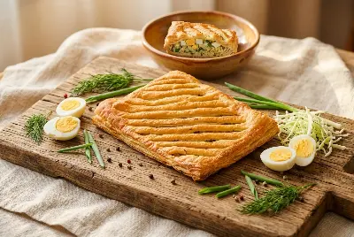 Пирог слоёный с зелёным луком и яйцом