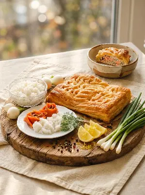 Пирог слоёный с горбушей и рисом