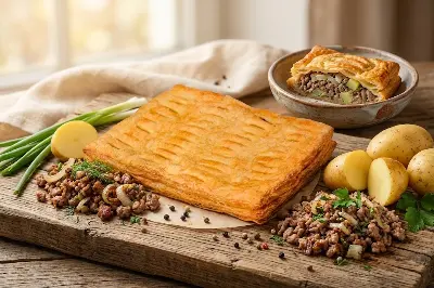 Пирог слоёный с мясным фаршем и картофелем