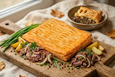 Пирог слоёный с говядиной и картофелем