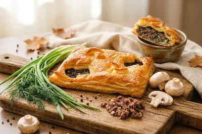 Пирог слоёный с говядиной и грибами