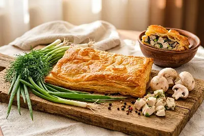 Пирог слоёный с картофелем и грибами